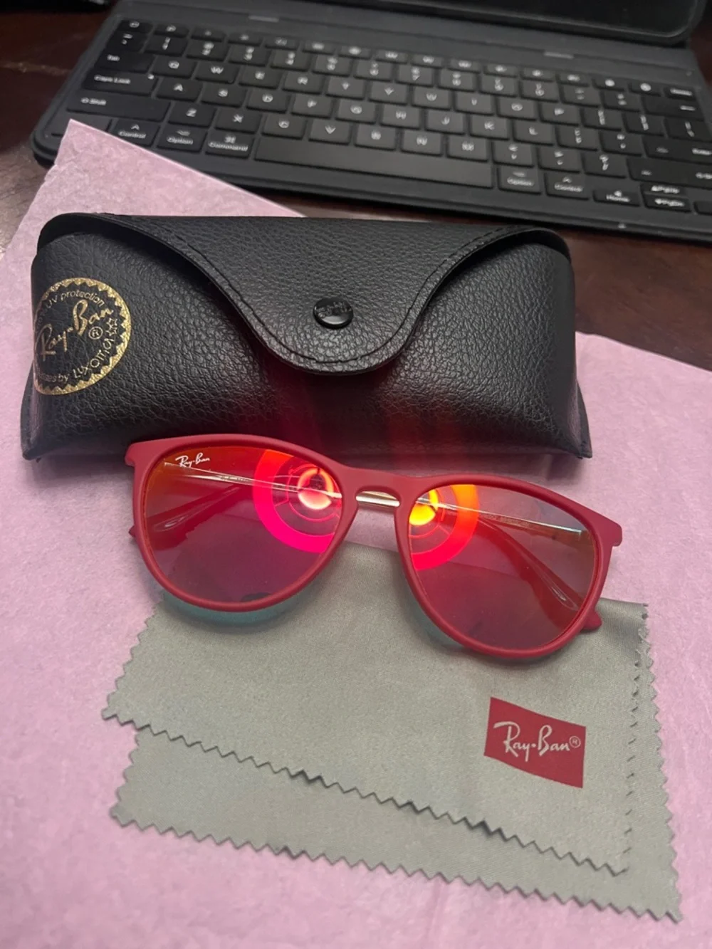 Ray-Ban Junior Red Frame Sunglasses with Tinted Lenses Length 5” width 2”